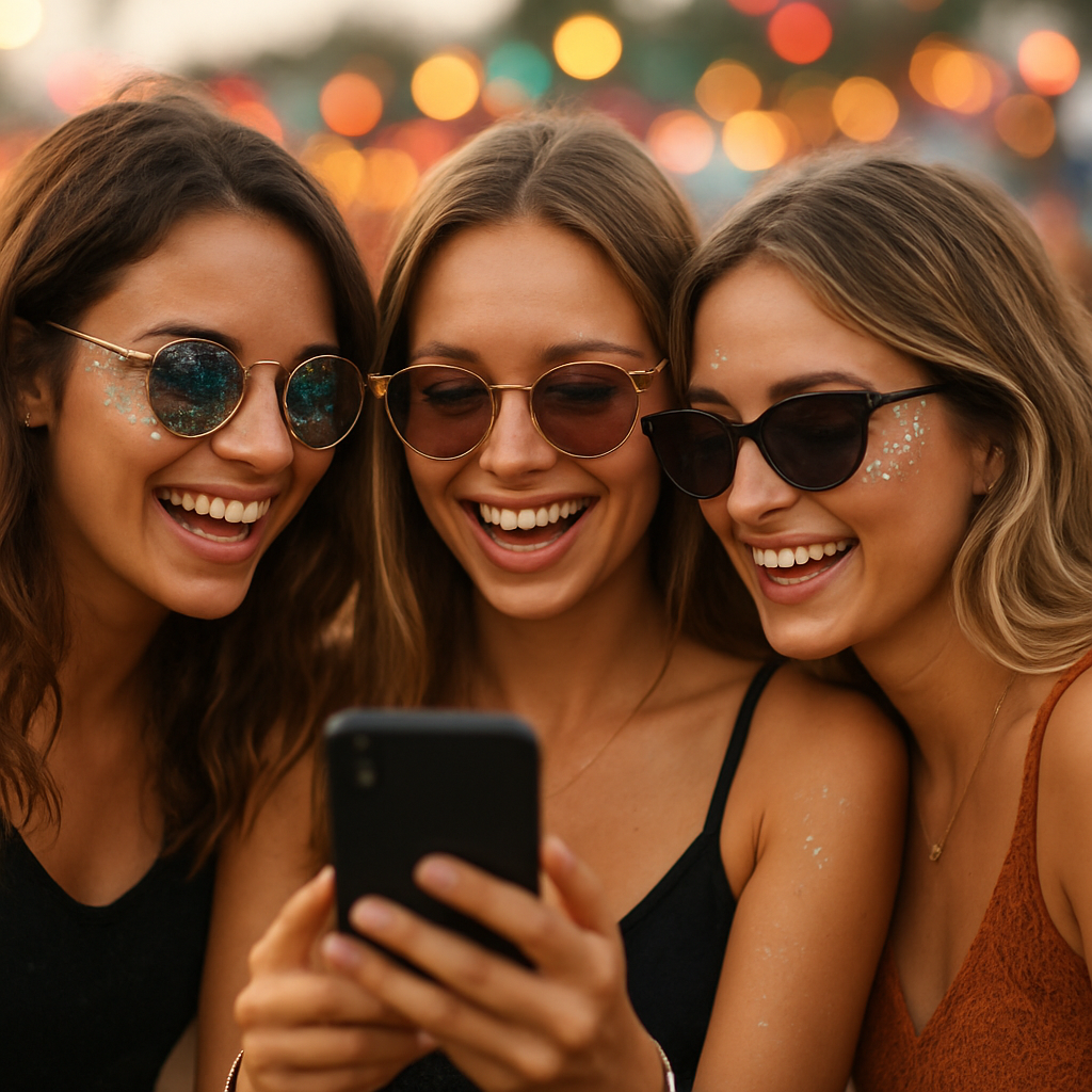 Friends with festival glitter smiling at a phone