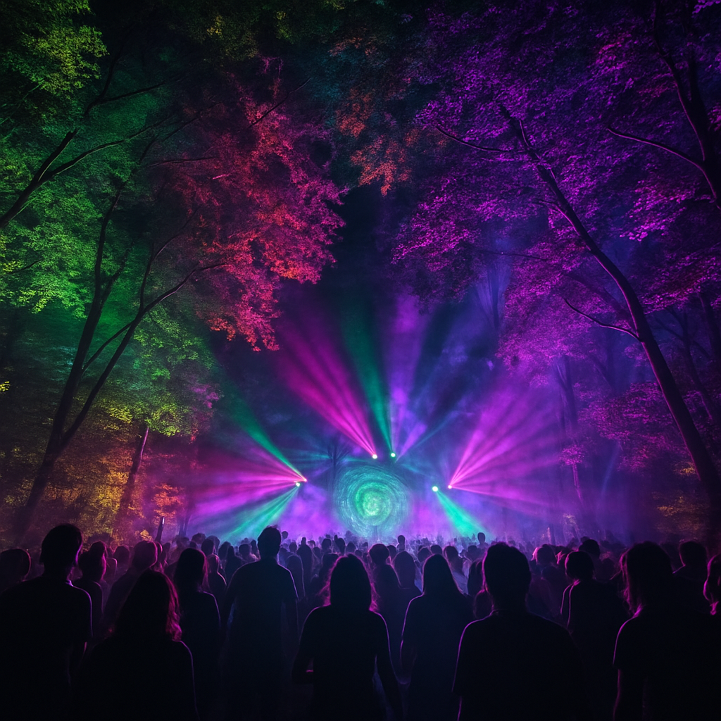 Illuminated forest festival at night